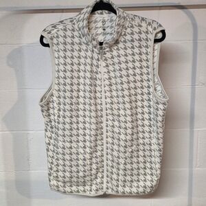 NY & Co Women's XL Houndstooth Fleece Zip Vest Collar Pockets Grey White Layer